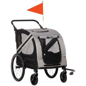 Pet Bike Trailer and Stroller 2-in-1 Grey with 4 Wheels Reflectors Safety Flag for Travel