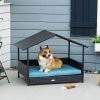 Elevated Wicker Dog House Indoor Outdoor Raised Rattan Bed Blue Removable Cushion