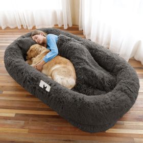 Human Dog Bed, Large Size Fits You and Pets, Washable Faux Fur Dog Bed for People Doze Off, Napping Orthopedic Dog Bed, Present Plump Pillow, Blanket (Color: DarkGrey, size: 6XL(71"L x 45"W x 12"Th))